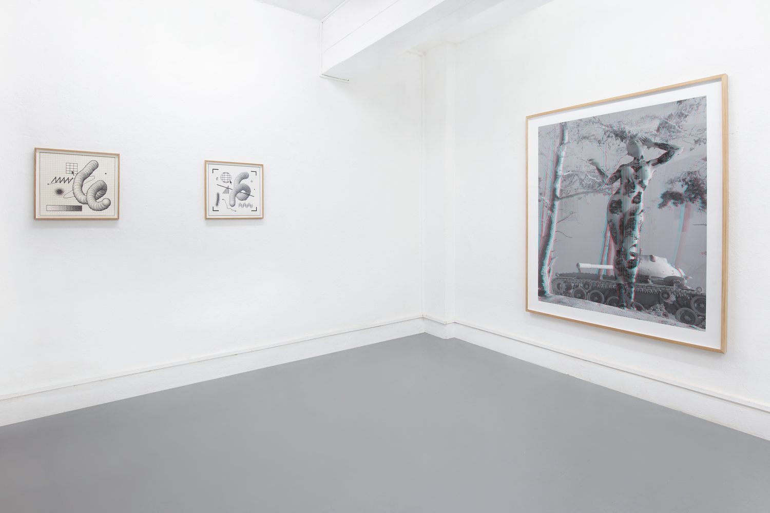 The Wrong Club — installation view: Arno Beck typewriter drawings (left), Tim Berresheim anaglyph print (right)
