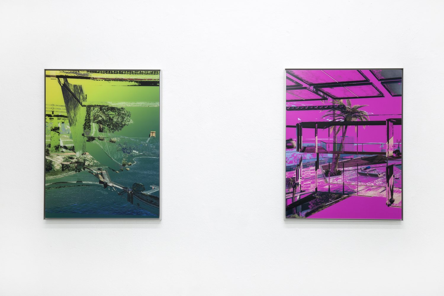 The Wrong Club — two Raphael Brunk glitch-landscape prints on the wall
